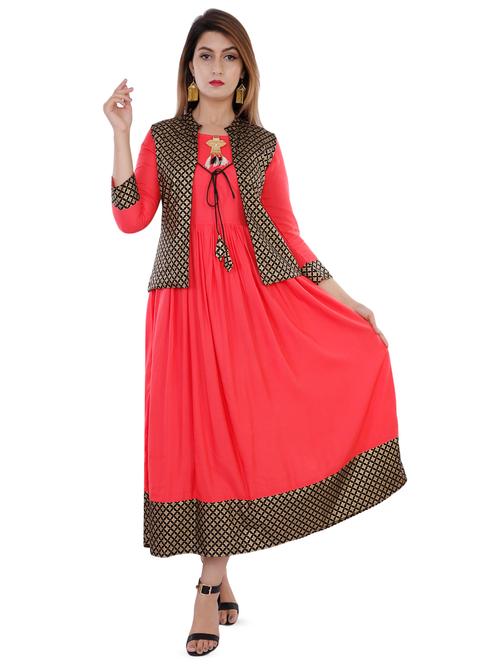 solid flared ethnic dress with jacket - 16861086 - Very Small Image - 1