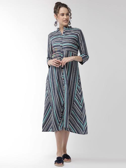 mandarin neck striped a-line dress - 16865487 - Very Small Image - 1