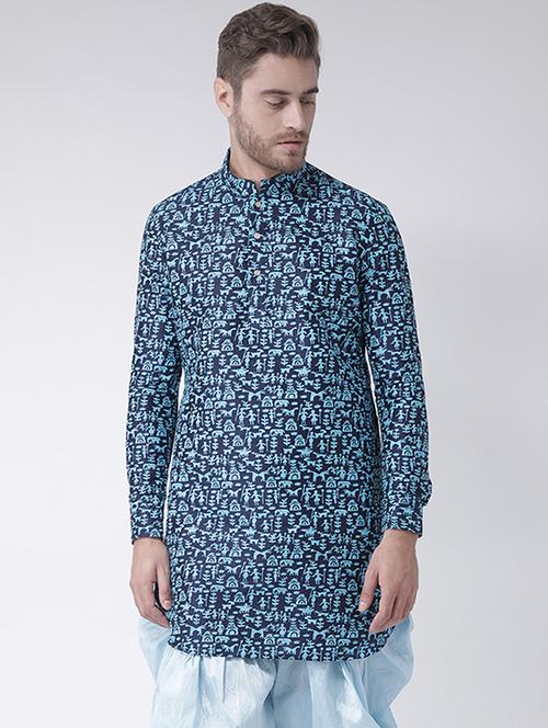 blue printed dupion medium length kurta - 16867152 - Very Small Image - 1