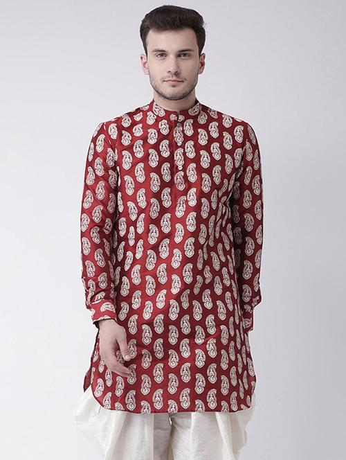 red printed dupion medium length kurta - 16867159 - Very Small Image - 1