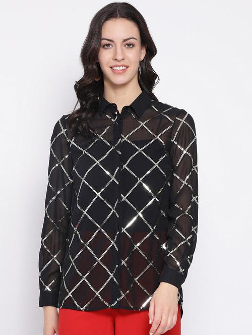 sequined grid pattern sheer shirt - 16868325 - Very Small Image - 1