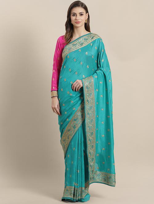 embroidered bordered saree with blouse - 16869495 - Very Small Image - 1