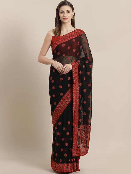 embroidered bordered saree with blouse - 16869501 - Very Small Image - 1