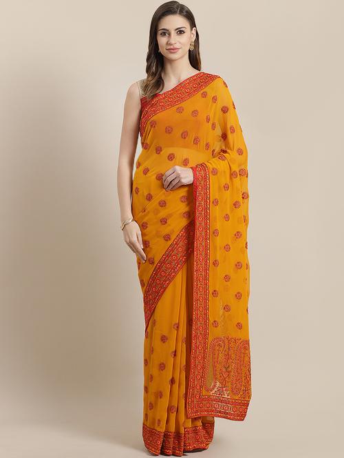 embroidered bordered saree with blouse - 16869502 - Very Small Image - 1