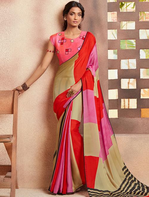 abstract printed saree with blouse - 16870115 - Very Small Image - 1