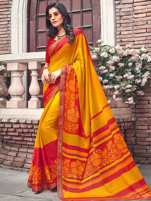 women's floral yellow colored saree with blouse - 16870157 - Very Small Image - 1