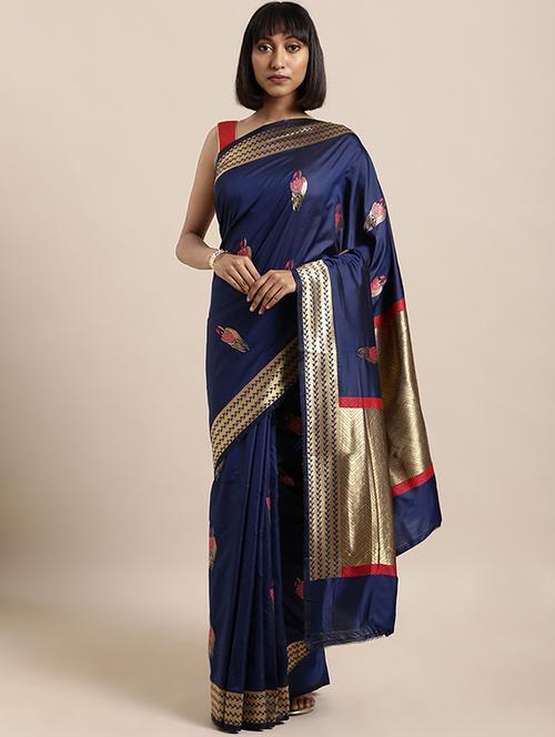 women's self design navy blue colored saree with blouse - 16870158 - Very Small Image - 1