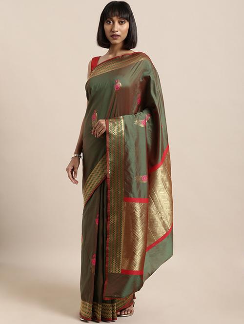 women's self design olive colored saree with blouse - 16870163 - Very Small Image - 1
