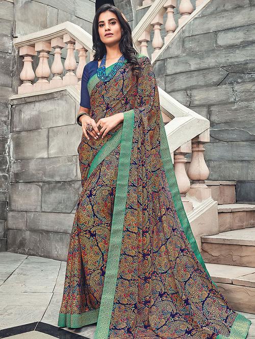 floral printed saree with blouse - 16870180 - Very Small Image - 1