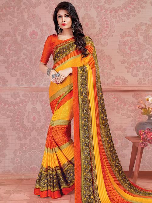 women's abstract orange colored saree with blouse - 16870225 - Very Small Image - 1