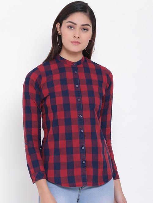 mandarin neck checkered shirt - 16873042 - Very Small Image - 1