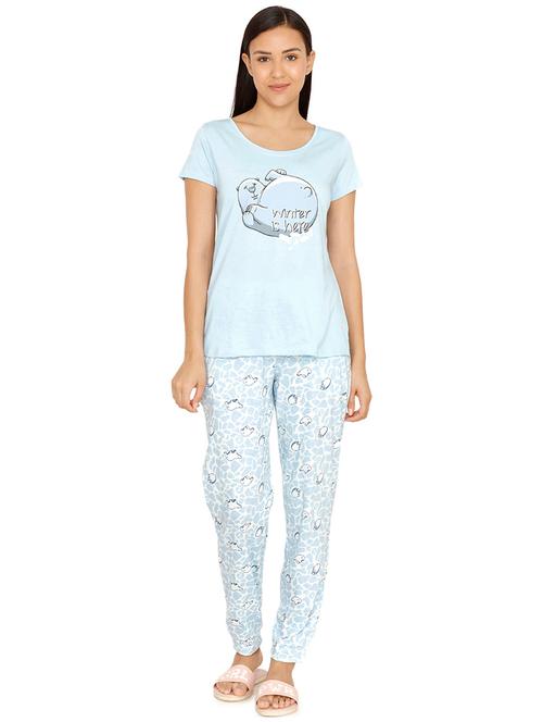 round neck quirky tee & pajama set - 16874552 - Very Small Image - 1