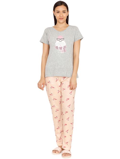 v neck quirky tee with pajama set - 16874555 - Very Small Image - 1