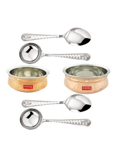 inner steel outer copper hammered finish tableware serving 2 handi bowl with 4 spoons - 16878124 - Very Small Image - 1