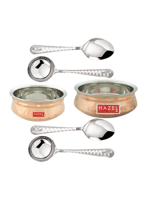 inner steel outer copper hammered finish tableware serving 2 handi bowl with 4 spoons - 16878125 - Very Small Image - 1