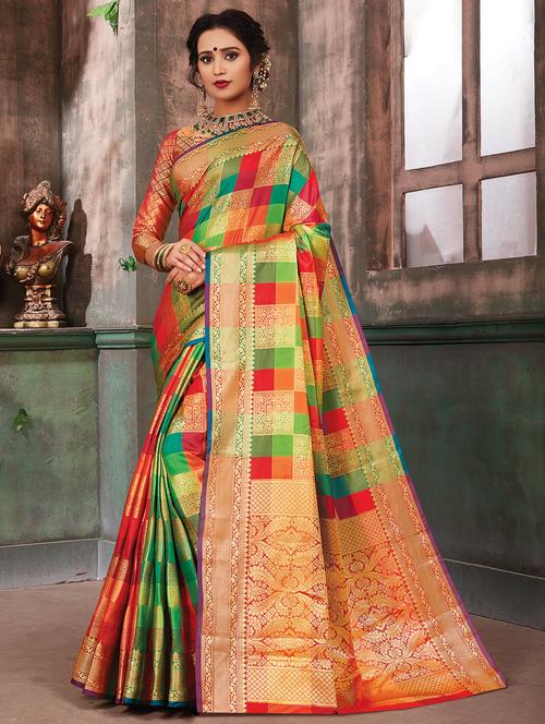 checkered banarasi saree - 16882070 - Very Small Image - 1