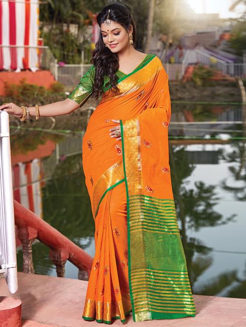women's self design orange colored saree with blouse - 16882116 - Very Small Image - 1