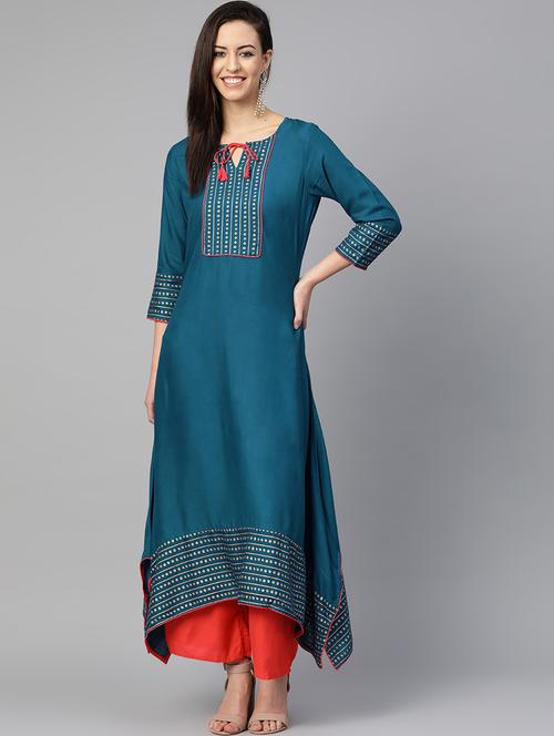 teal solid asymmetric kurta - 16883369 - Very Small Image - 1