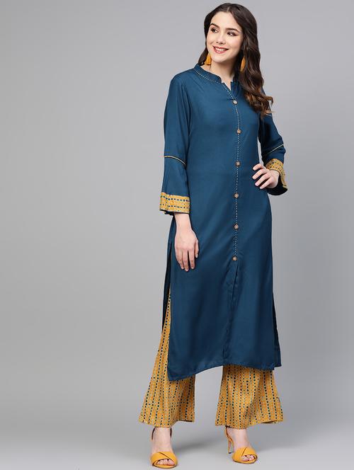 teal rayon kurta palazzo set - 16883407 - Very Small Image - 1