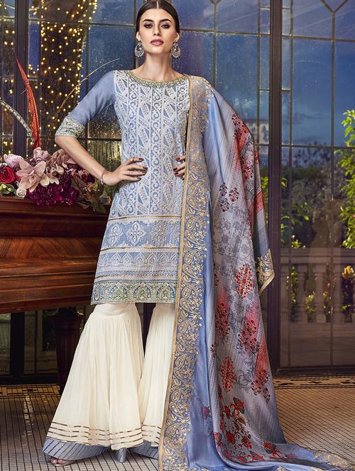 embroidered semi-stitched sharara suit - 16885085 - Very Small Image - 1