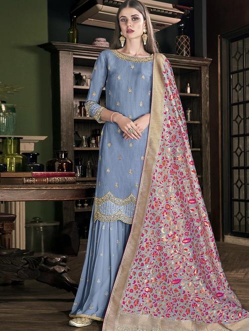 embroidered semi-stitched sharara suit - 16885092 - Very Small Image - 1