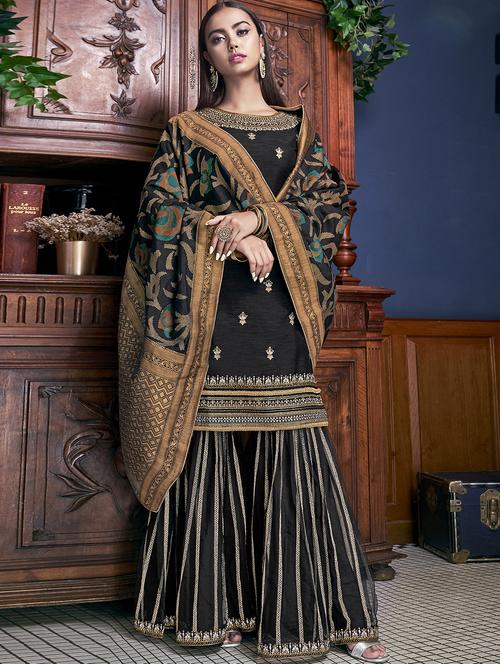 embroidered semi-stitched sharara suit - 16885094 - Very Small Image - 1