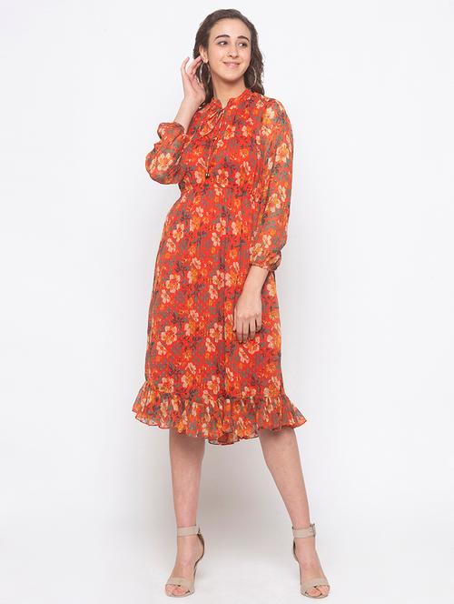 tie up neck floral a-line dress - 16889789 - Very Small Image - 1