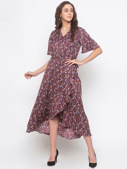 overlap neck floral wrap dress - 16889794 - Very Small Image - 1