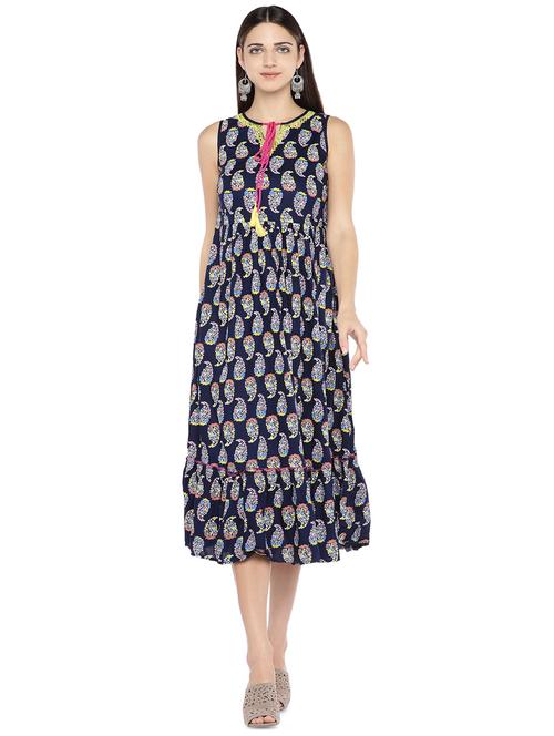 tie up neck paisley fit & flare dress - 16889900 - Very Small Image - 1