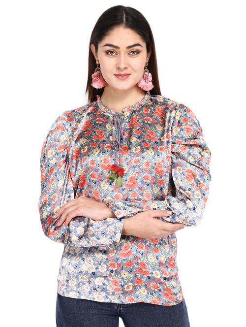 tie up neck floral metallic top - 16890111 - Very Small Image - 1