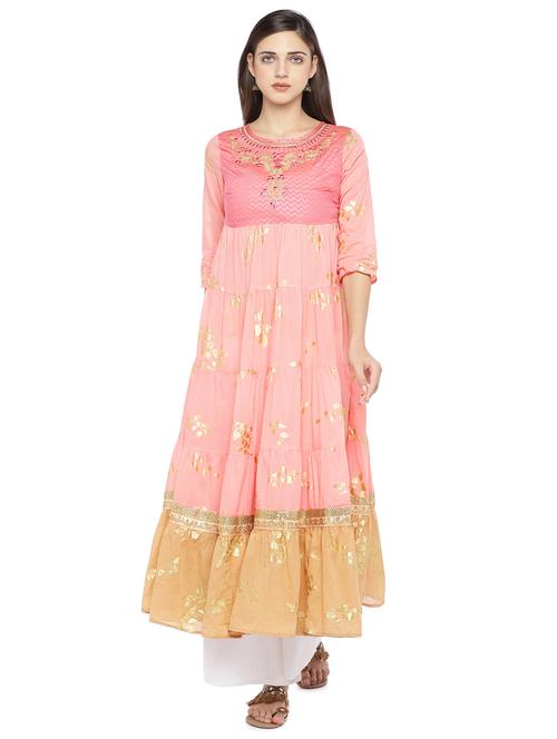 gold print tiered flare kurta - 16890817 - Very Small Image - 1