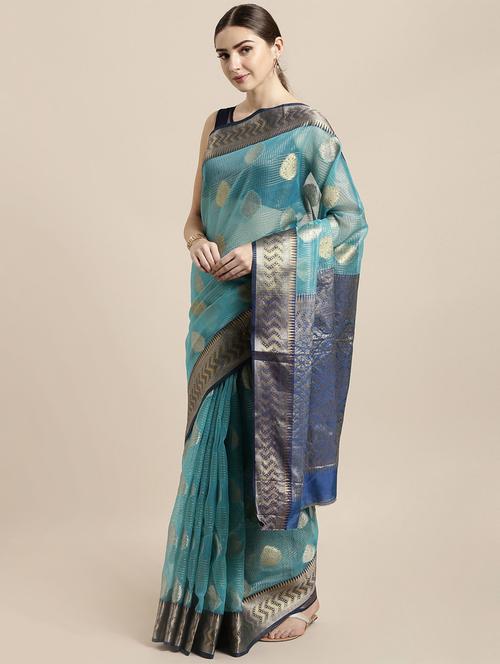 turquoise organza banarasi saree with blouse - 16891334 - Very Small Image - 1