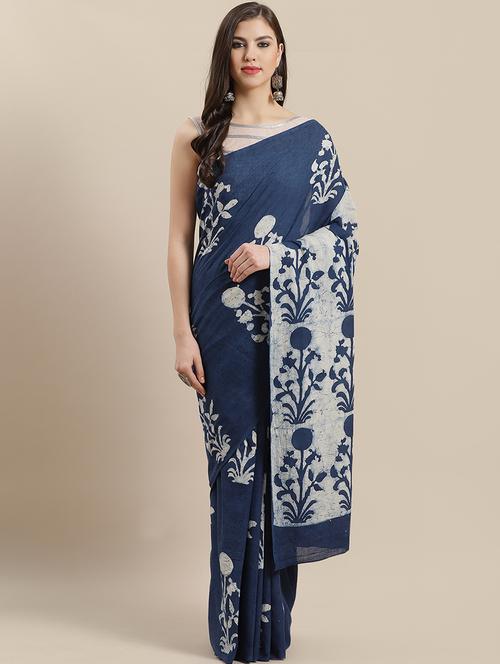 navy cotton printed saree with blouse - 16891667 - Very Small Image - 1