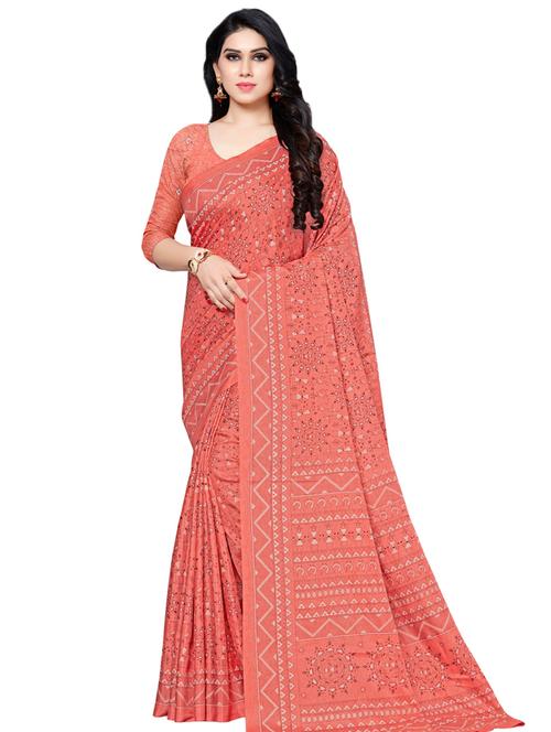 peach silk blend printed saree with blouse - 16893852 - Very Small Image - 1