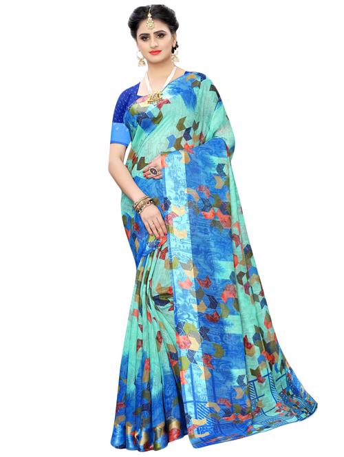 turquoise cotton silk printed saree with blouse - 16894170 - Very Small Image - 1