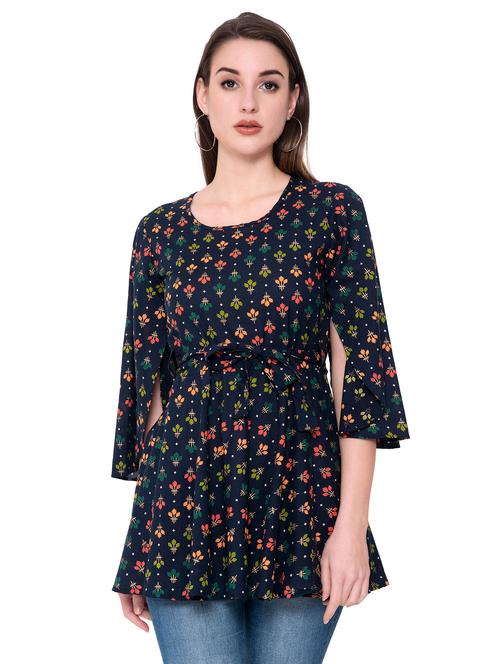 tie front slit sleeves floral top - 16895877 - Very Small Image - 1