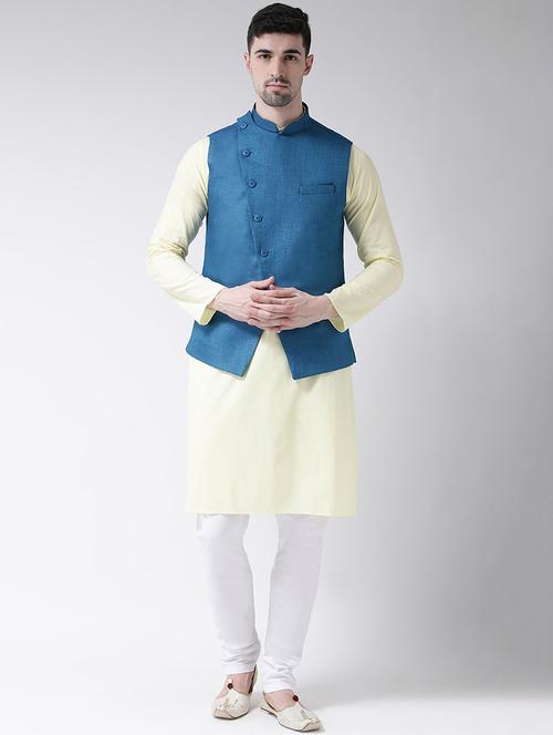 yellow solid kurta pyjama set with blue nehru jacket - 16900261 - Very Small Image - 1