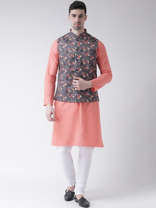 peach solid kurta pyjama set with floral printed nehru jacket - 16900266 - Very Small Image - 1