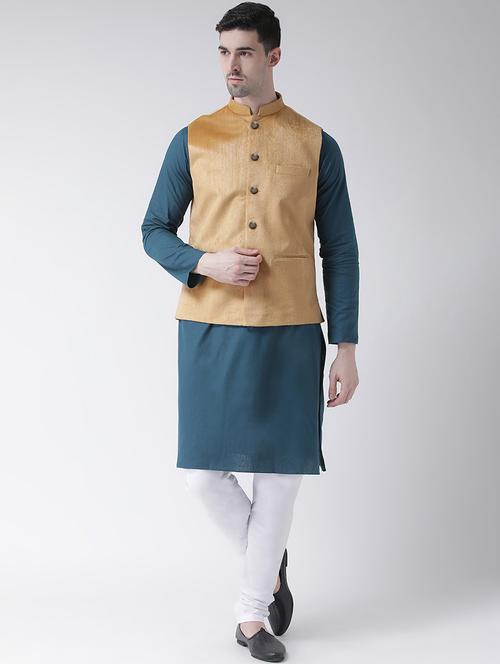 blue kurta pyjama set with beige velvet nehru jacket - 16900269 - Very Small Image - 1