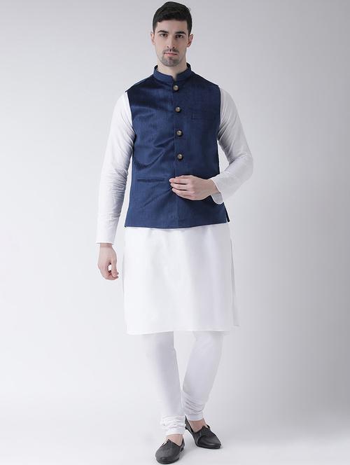 white kurta pyjama set with blue velvet nehru jacket - 16900271 - Very Small Image - 1