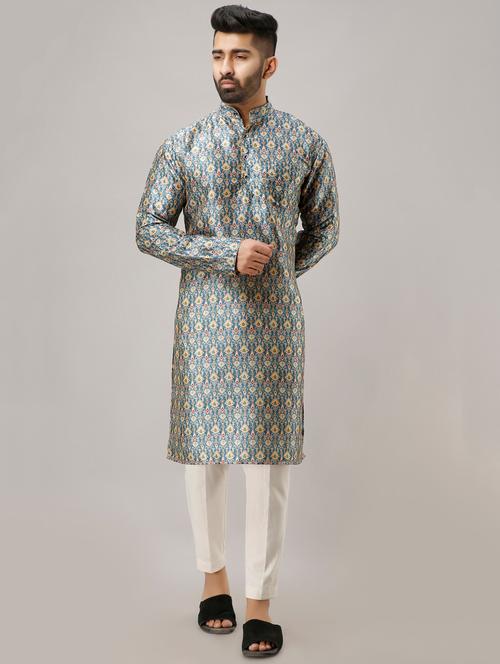 light blue silk blend long kurta - 16901044 - Very Small Image - 1
