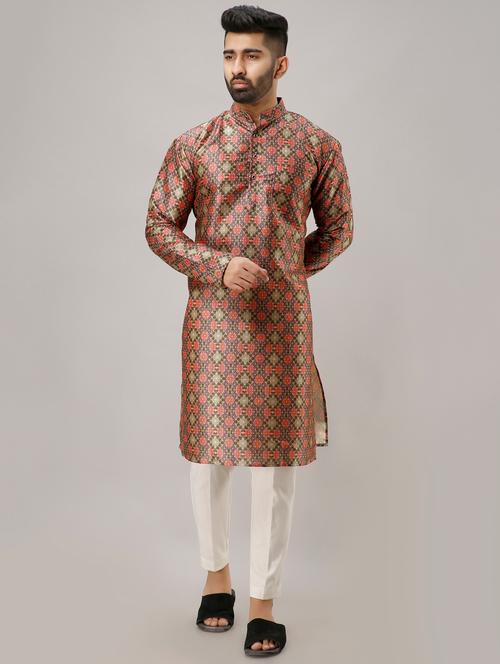 red silk blend printed long kurta - 16901047 - Very Small Image - 1