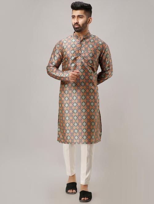 orange silk blend printed long kurta - 16901050 - Very Small Image - 1