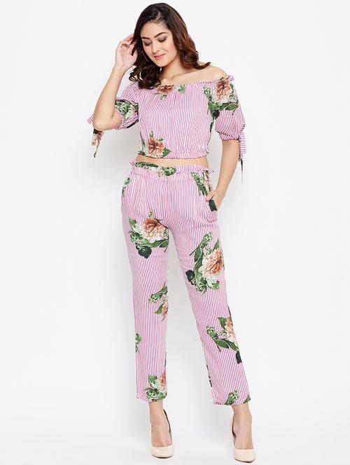 off shoulder striped top with trouser set - 16906317 - Very Small Image - 1