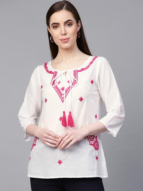 tie up neck embroidered detail top - 16909824 - Very Small Image - 1
