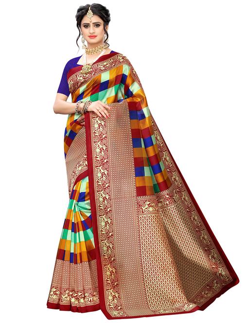 check printed saree with blouse - 16909969 - Very Small Image - 1