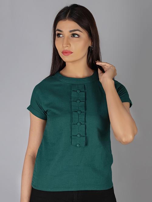 pleated placket cap sleeves top - 16912441 - Very Small Image - 1