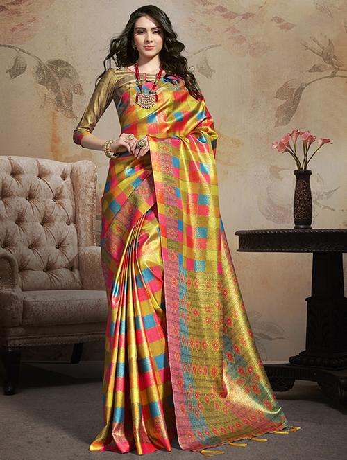 checkered printed saree with blouse - 16913479 - Very Small Image - 1