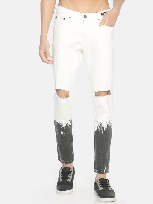 white color block slashed knee denim jeans - 16919181 - Very Small Image - 1