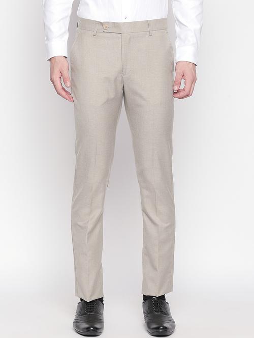 beige solid flat front formal trouser - 16920626 - Very Small Image - 1